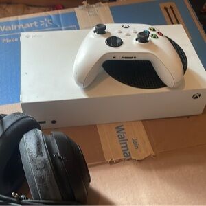 White Xbox Controller and Console with Black Headphones